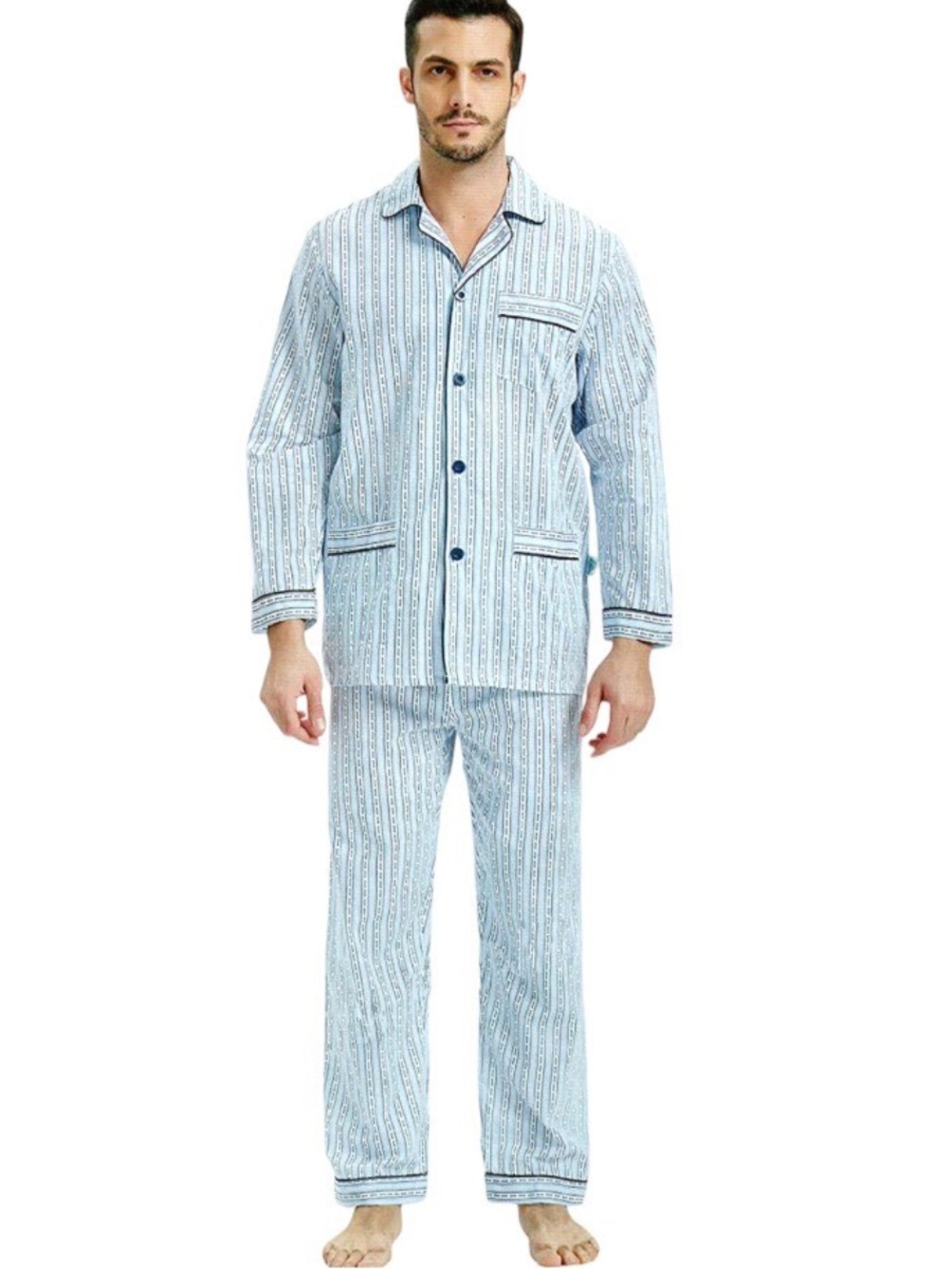 100% Cotton Blue Striped Men’s Pajama Set - Classic Button-Front